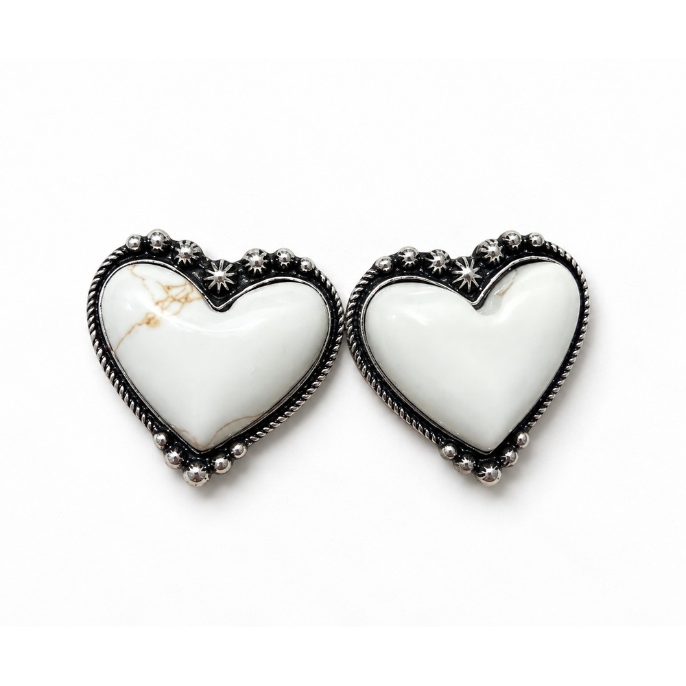 Western Heart Stud Earrings White Howlite Stone Silver Concho Cowgirl Jewelry